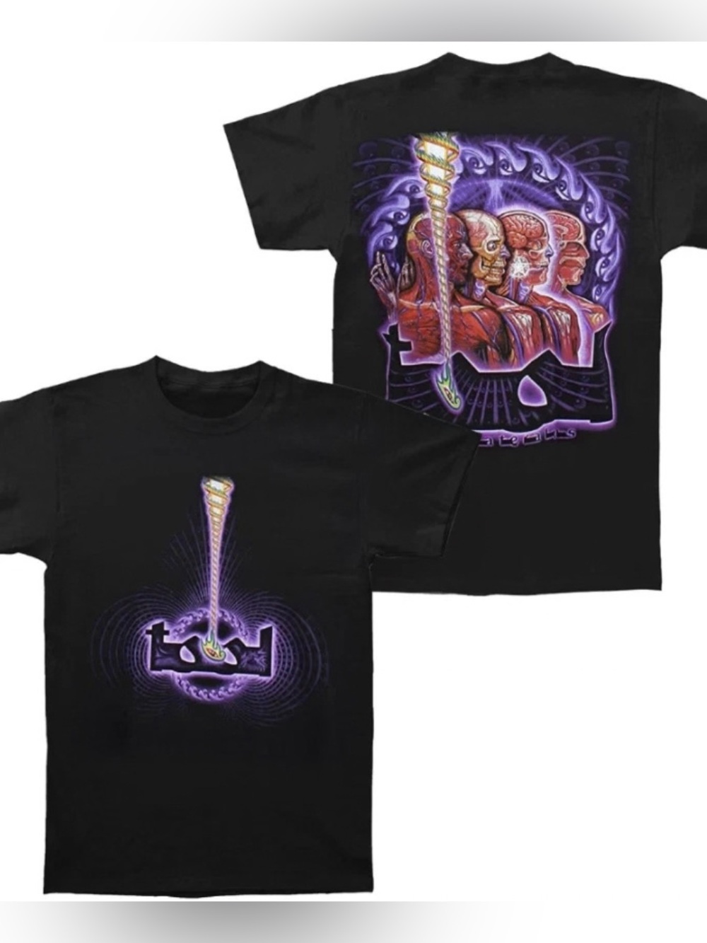 Black Tool Band Graphic Tee with Purple and Red Skull Artwork